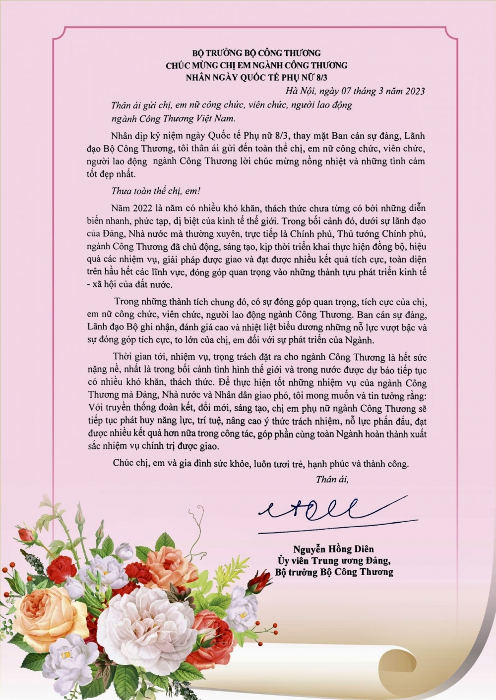 Bộ trưởng Nguyễn Hồng Diên gửi thư chúc mừng nhân Ngày Quốc tế Phụ nữ 8/3