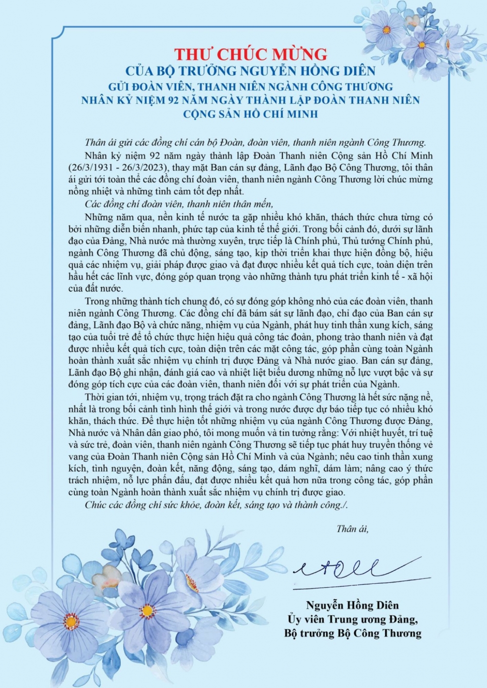 Bộ trưởng Nguyễn Hồng Diên gửi Thư chúc mừng nhân kỷ niệm 92 năm Ngày thành lập Đoàn TNCS Hồ Chí Minh