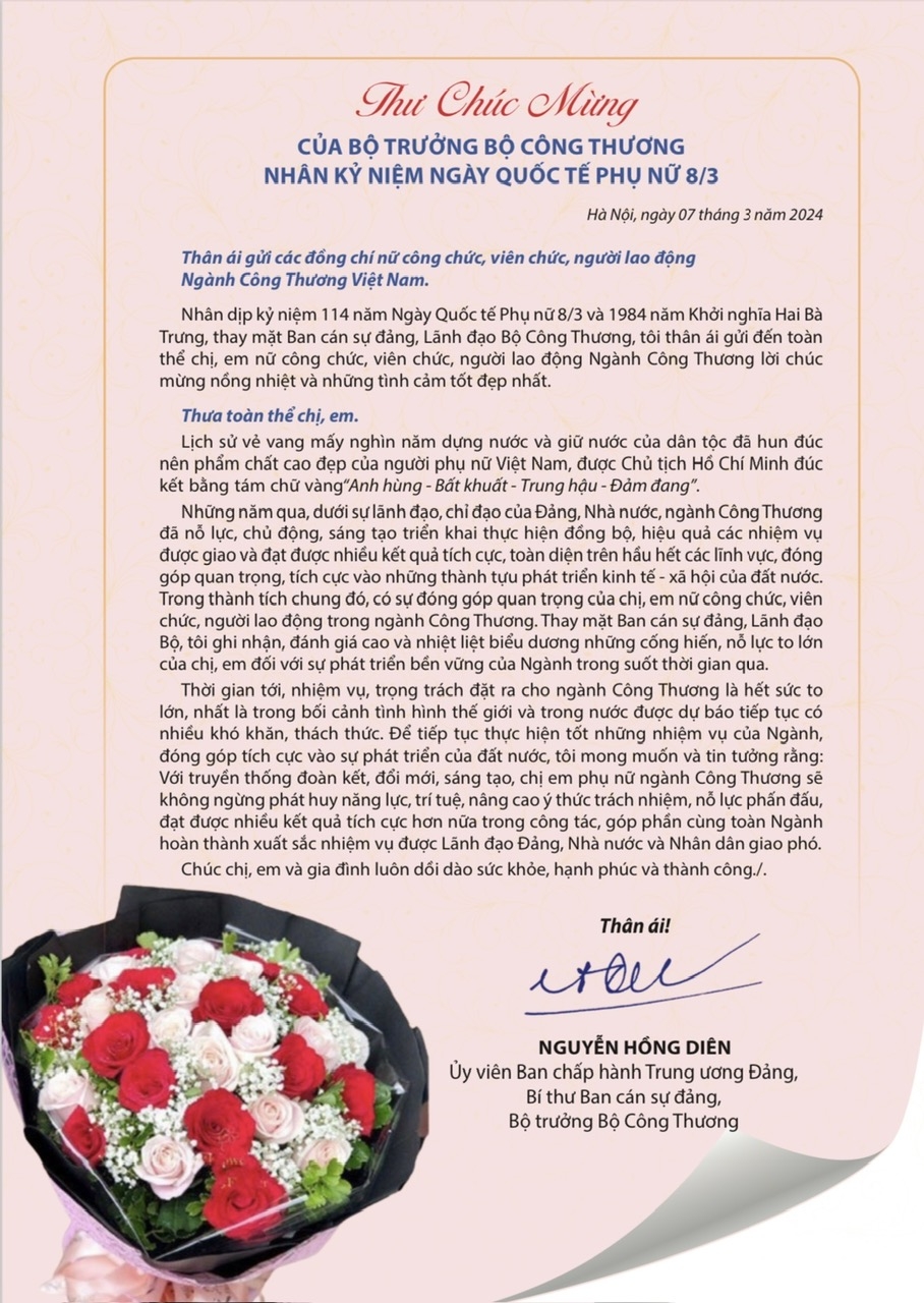 Thư chúc mừng của Bộ trưởng Bộ Công Thương nhân kỷ niệm Ngày Quốc tế Phụ nữ 8/3