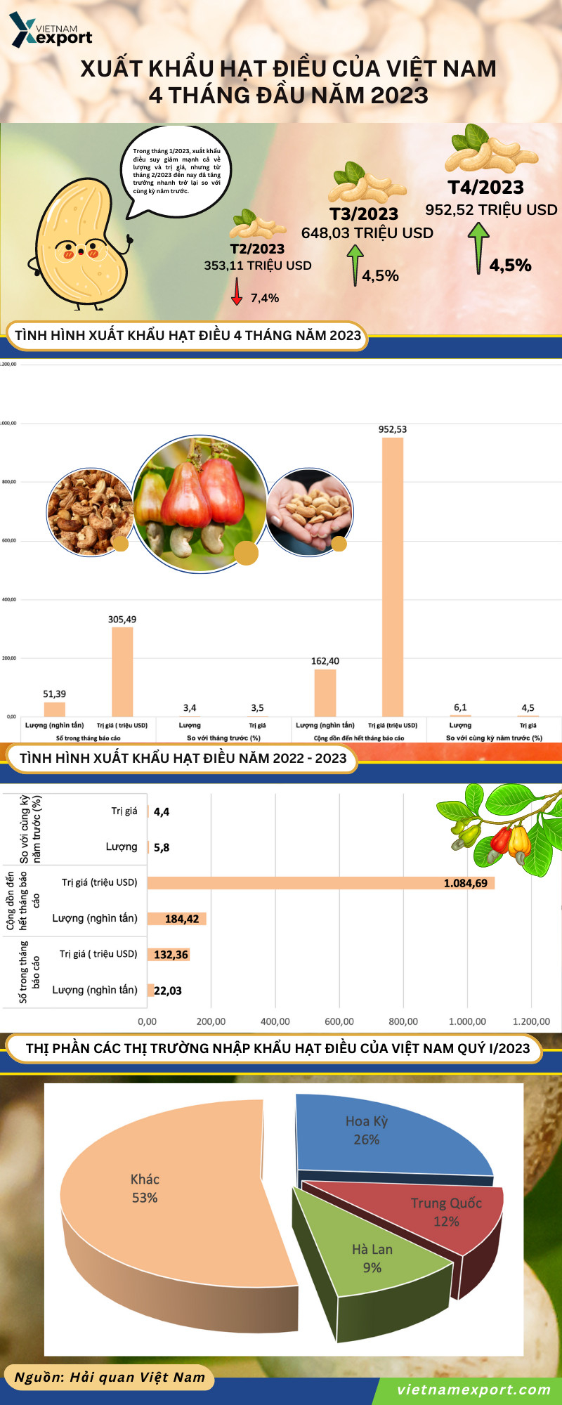 Nửa đầu tháng 5/2023, xuất khẩu hạt điều đạt hơn 132 triệu USD