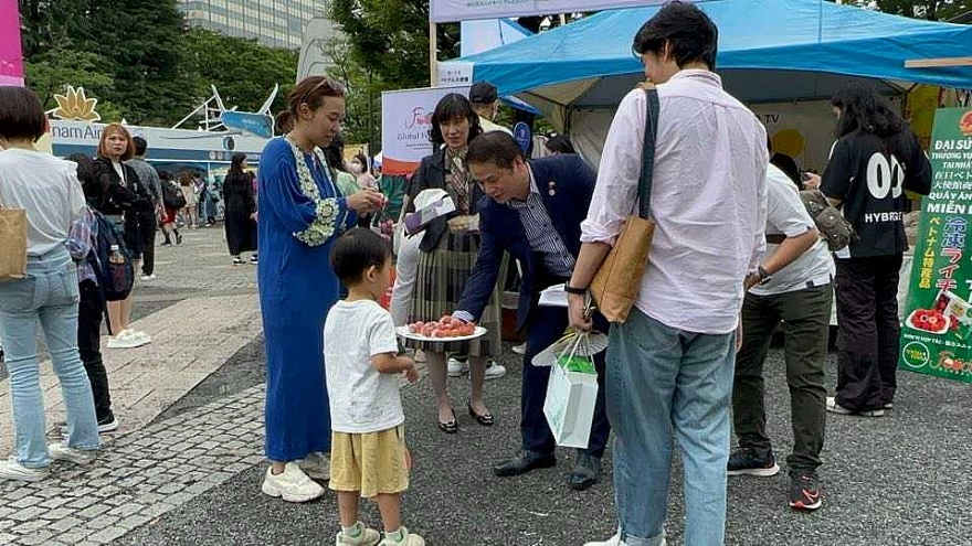 Người Nhật thích thú trải nghiệm, thưởng thức quả vải thiều Việt Nam