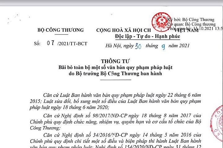 Bộ Công Thương bãi bỏ toàn bộ một số văn bản quy phạm pháp luật đã ban hành