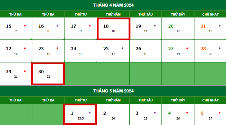Lịch nghỉ Giỗ Tổ Hùng Vương và ngày 30/4 - 1/5 năm 2024.