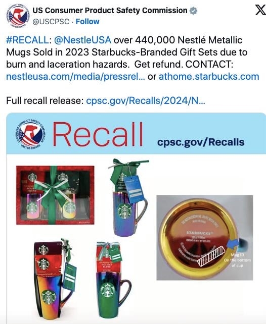 Mỹ thu hồi hơn 440.000 cốc Starbucks do gây bỏng, rách da cho người dùng