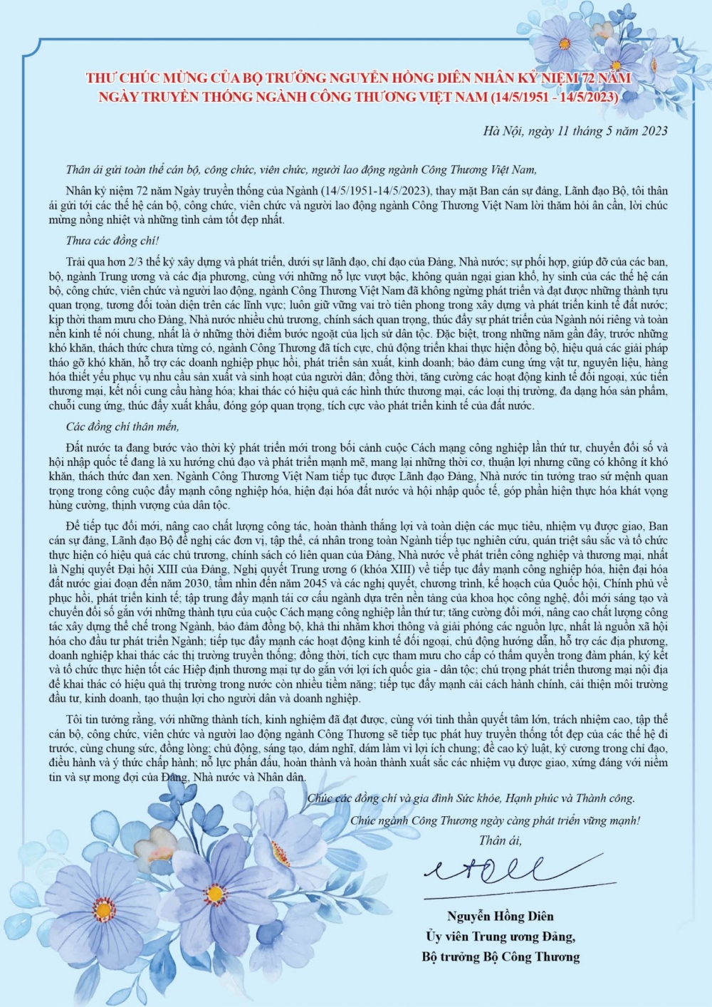 Bộ trưởng Nguyễn Hồng Diên gửi thư chúc mừng nhân dịp 72 năm Ngày truyền thống của ngành Công Thương Việt Nam Bộ trưởng Nguyễn Hồng Diên gửi thư chúc mừng nhân dịp 72 năm Ngày truyền thống của ngành Công Thương Việt Nam