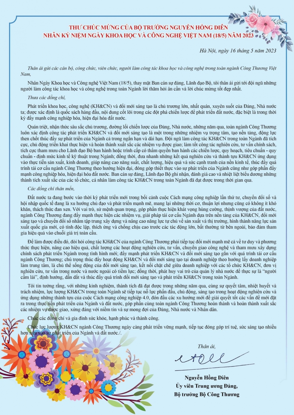 Bộ trưởng Nguyễn Hồng Diên gửi thư chúc mừng nhân kỷ niệm Ngày Khoa học và Công nghệ Việt Nam Bộ trưởng Nguyễn Hồng Diên gửi thư chúc mừng nhân kỷ niệm Ngày Khoa học và Công nghệ Việt Nam