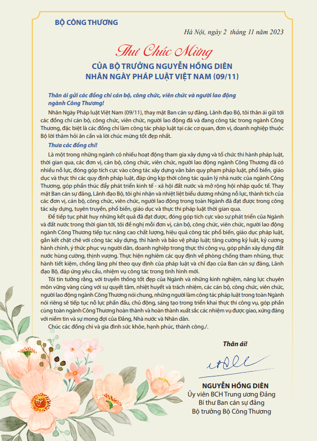 Bộ trưởng Nguyễn Hồng Diên gửi thư chúc mừng nhân Ngày Pháp luật Việt Nam năm 2023 Bộ trưởng Nguyễn Hồng Diên gửi thư chúc mừng nhân Ngày Pháp luật Việt Nam năm 2023