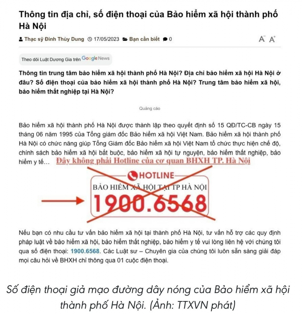 Cảnh báo giả mạo đường dây nóng của Bảo hiểm Xã hội thành phố Hà Nội
