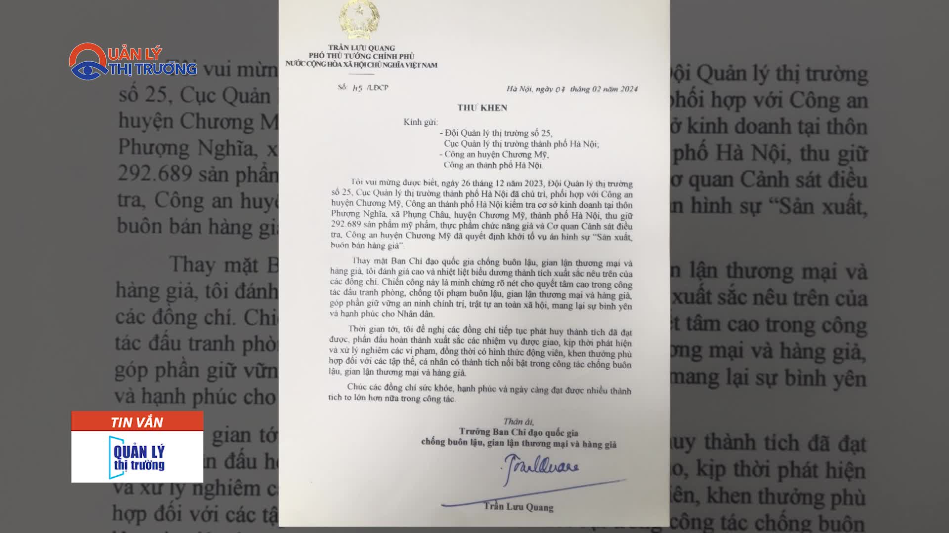 Phó Thủ tướng Trần Lưu Quang gửi thư khen lực lượng QLTT Hà Nội